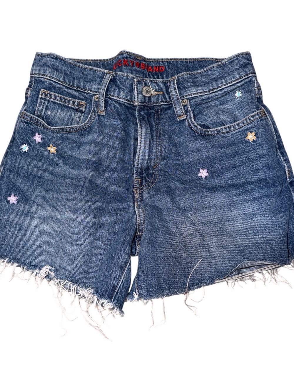 Lucky Brand Blue Denim Shorts with Multicolor Floral Embroidery